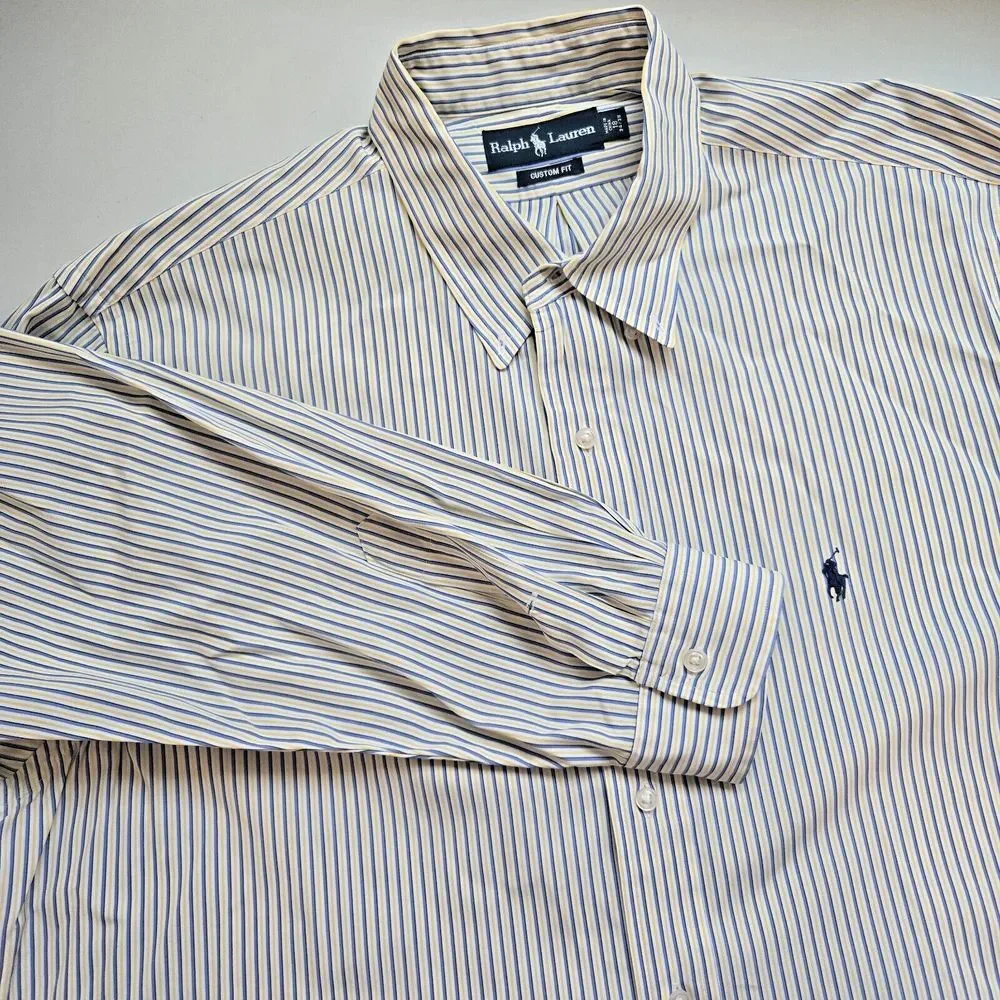 Ralph Lauren Button Down Long Sleeve Shirt Blue Yellow Stripe Mens Pony 18 34/35